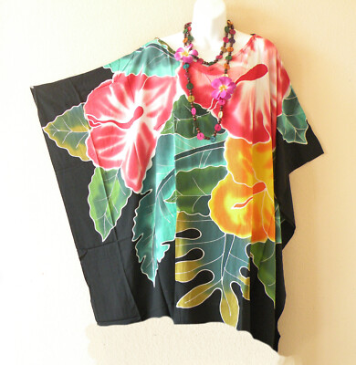 KL58 Floral Hand Painted Plus Kaftan Poncho Tunic Women Blouse Top up to 7X