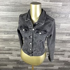 Pull & Bear Button Down Collared Black Denim Jean Jacket Women's Size Small