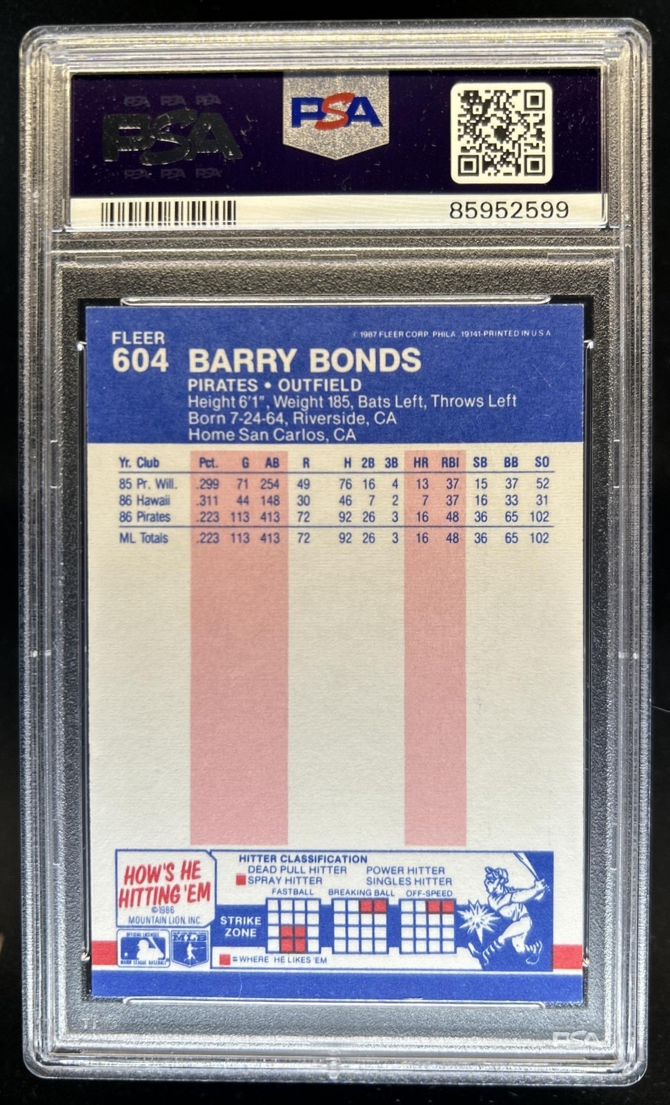 1987 Fleer Barry Bonds Rookie RC #604 Pirates PSA 9 view 2