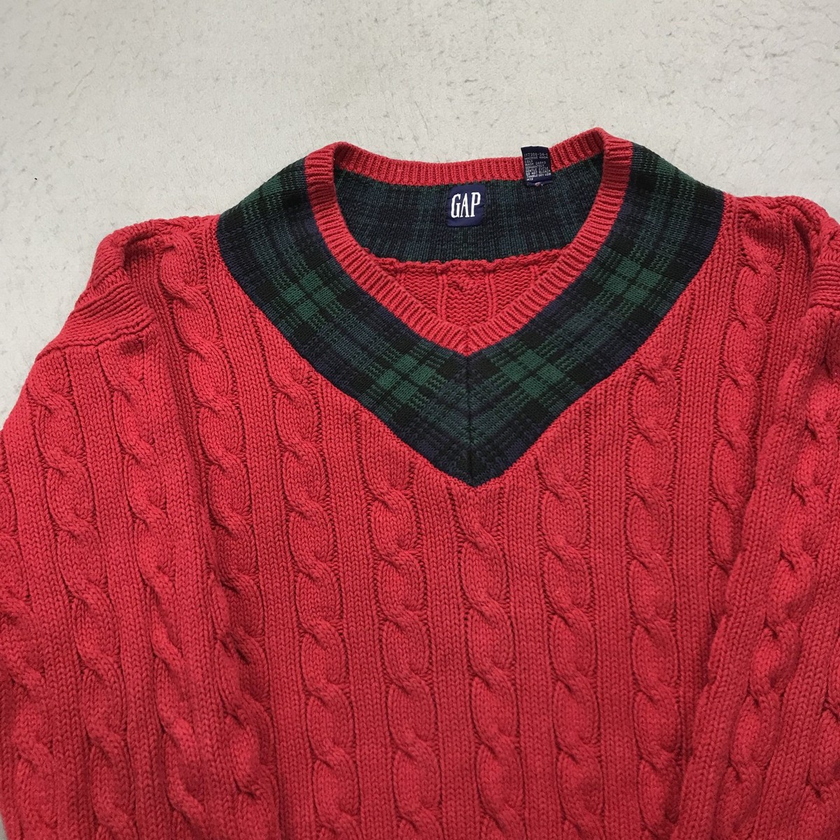 VINTAGE GAP Sweater Mens XL Red Blue Cricket Cable Knit Cotton V