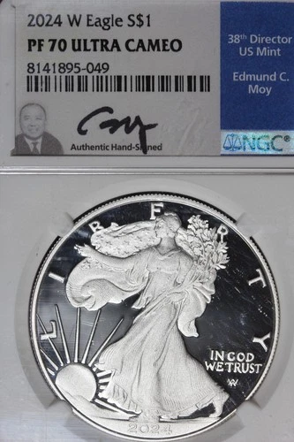 2024 W NGC PF70 ULTRA CAMEO AMERICAN SILVER EAGLE EDMUND C MOY #51848