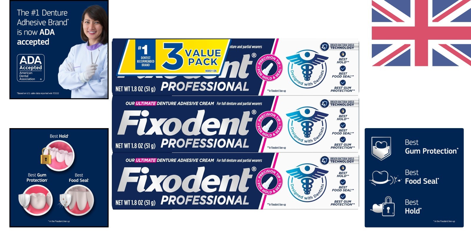 Professional Ultimate Denture Adhesive Cream - 1.8 oz, 3 Pack for All-Day Hold