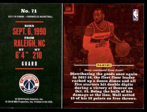 2017-18 Panini Chronicles #71 John Wall Pink #/99 - Picture 2 of 2