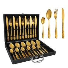 24-Piece Golden Silverware Set Stainless Steel Cutlery Set with Knife Forks &...