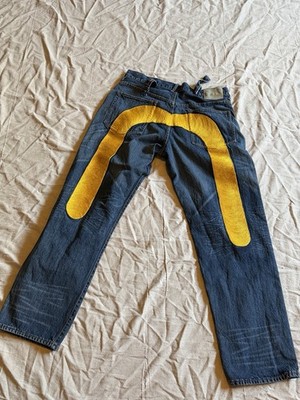   RARE EVISU Daicock Yellow Graphic Jeans Men s Size (38x32)   Collector Grade