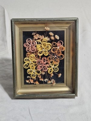 Vintage Framed 3D Quilled Paper Floral Collage on Black Background Brass Frame
