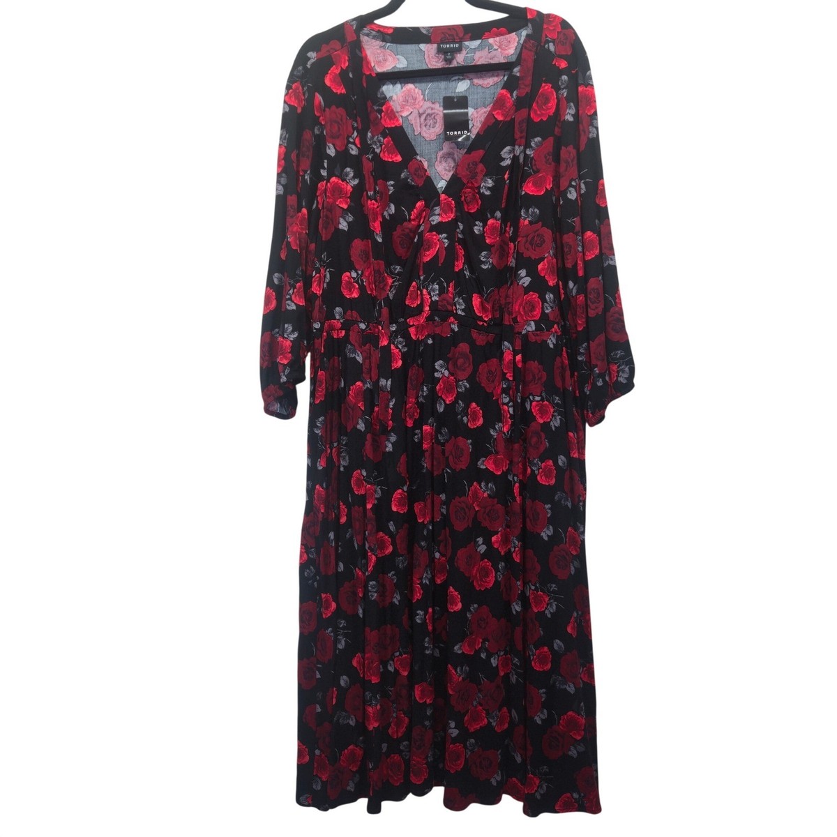 NWT Torrid Red Rose Floral Maxi Dress Black V-Neck 3/4 Sleeve Plus 2X 18-20  | eBay