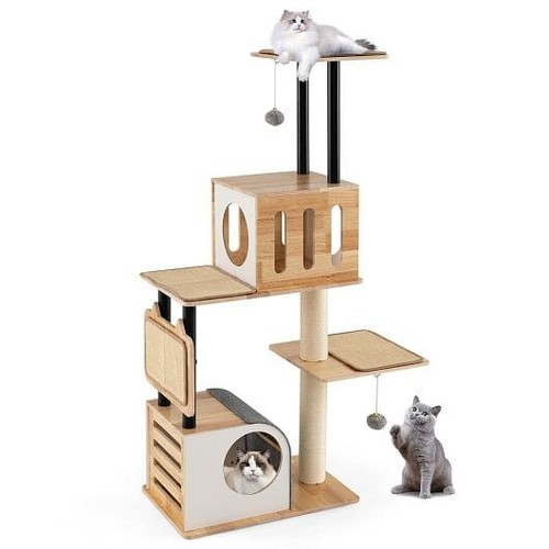 Modern Tall Cat Tower with Double Condos with Dangling Balls and Sisal Carpets-N