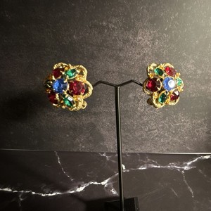Vintage Weiss Gold Tone Multicolored Rhinestone Clip On Earrings