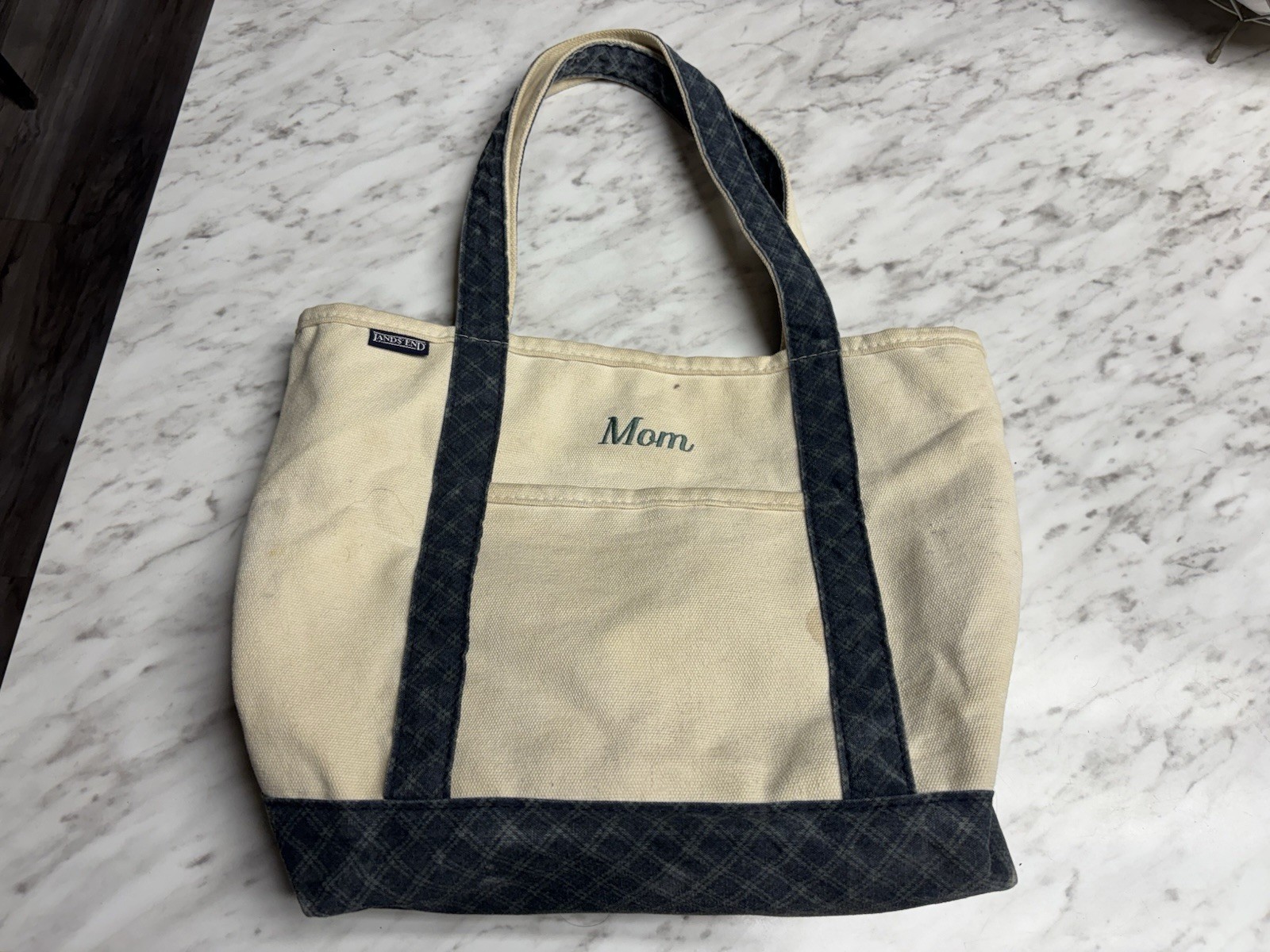 Vintage Lands End Canvas Tote Bag 90s USA Ivory Cream Blue Plaid Zip Zipper