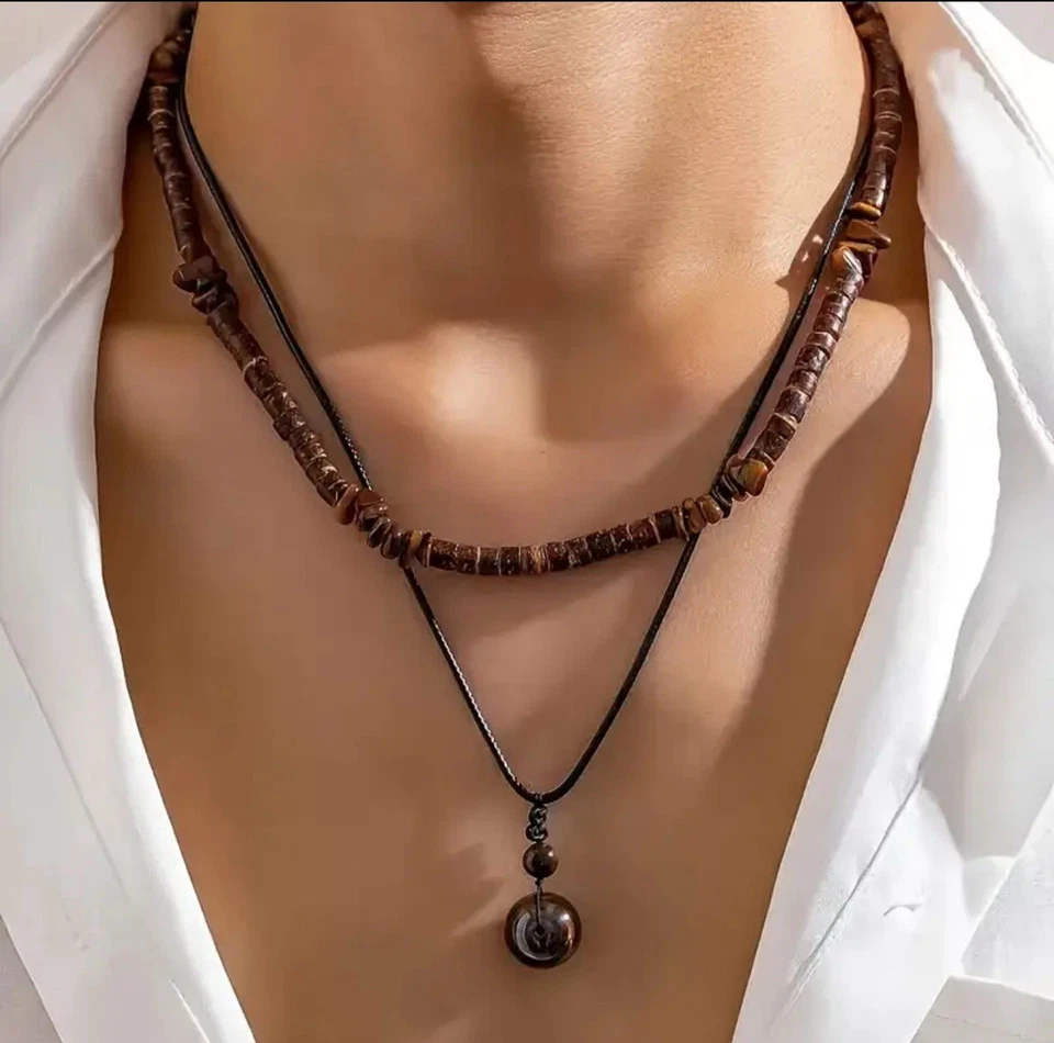 2 Kette Türkis Tigerauge Anhänger Halskette Männer Vintage Holz Perlen Schmuck - Bild 3 von 3