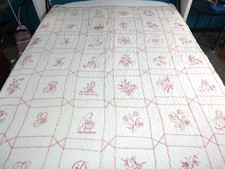 Antique Redwork Embroidered Quilt Coverlet Hand Stitched  Quilted 66x72" TLC