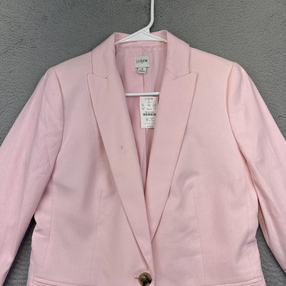 J Crew Blazer Womens 4 Pink Linen Cotton One Button Notch Lapel Lined Linen - Image 2 of 4