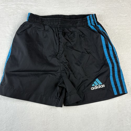 Vtg Adidas Soccer Shorts Youth M/5 Black Teal Nylon 3 Stripe Embroidered Logo