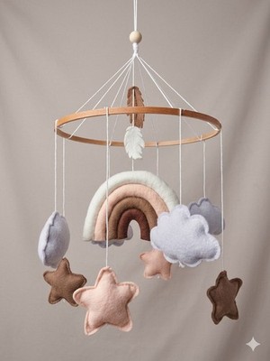 Baby Crib Mobile Rainbow Star Feather Felt Boho Nursery DéCor Brown Cream Pink