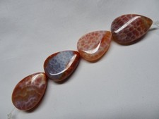 FOUR Natural Fire Agate Smooth Pear Stone Beads 29.75-30mm Long A16 DNG