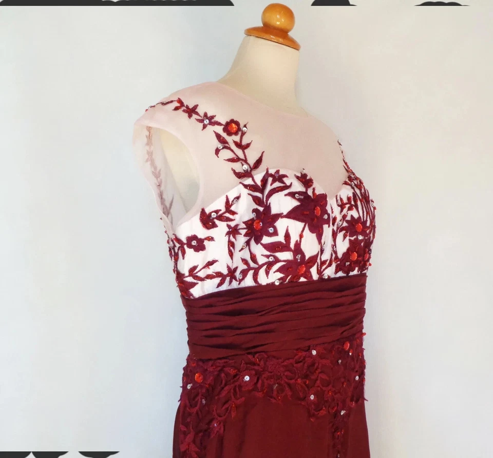 Vestido de trem aplique de tule borgonha vestido de renda strass vestido de tule de chiffon XXL - Imagem 3 de 4