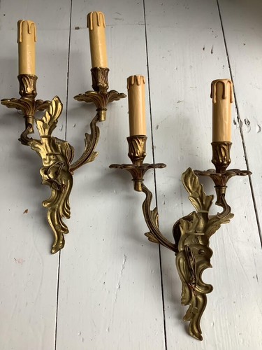 ~Pr Vintage French Brass Twin Arm Rococo Style Wall Lights~ - Picture 8 of 9