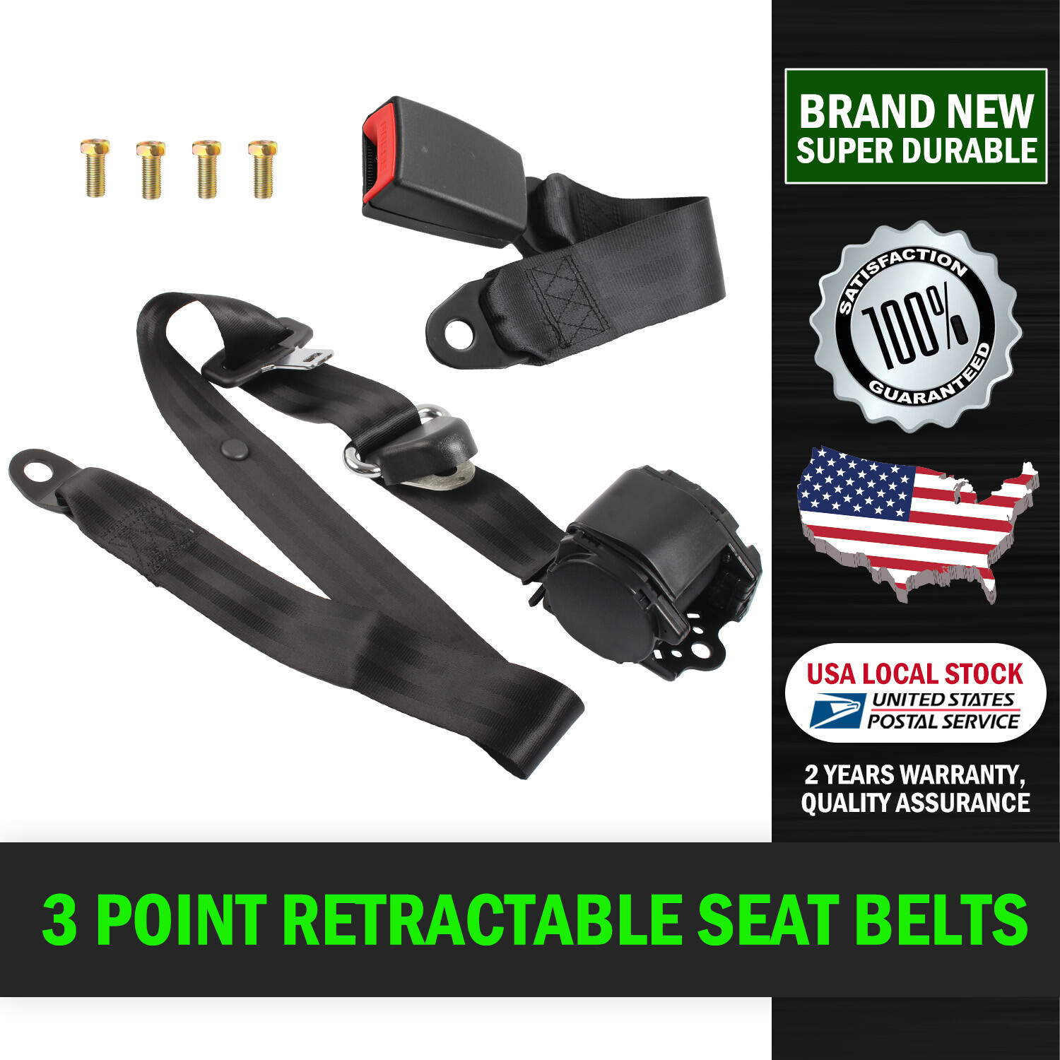 Set Of Retractable 3 Point Safety Seat Belt Car Auto Adjustable Belt Kit Black