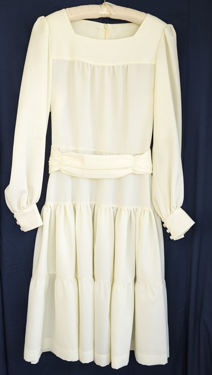 Vintage Handmade 70's Cream White Wedding Dress Crepe Tiered A-line Long  Sleeve | eBay