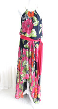 Eliza J Dress Women's 6 Maxi Navy Pink Floral Halter High Low Chain Neckline