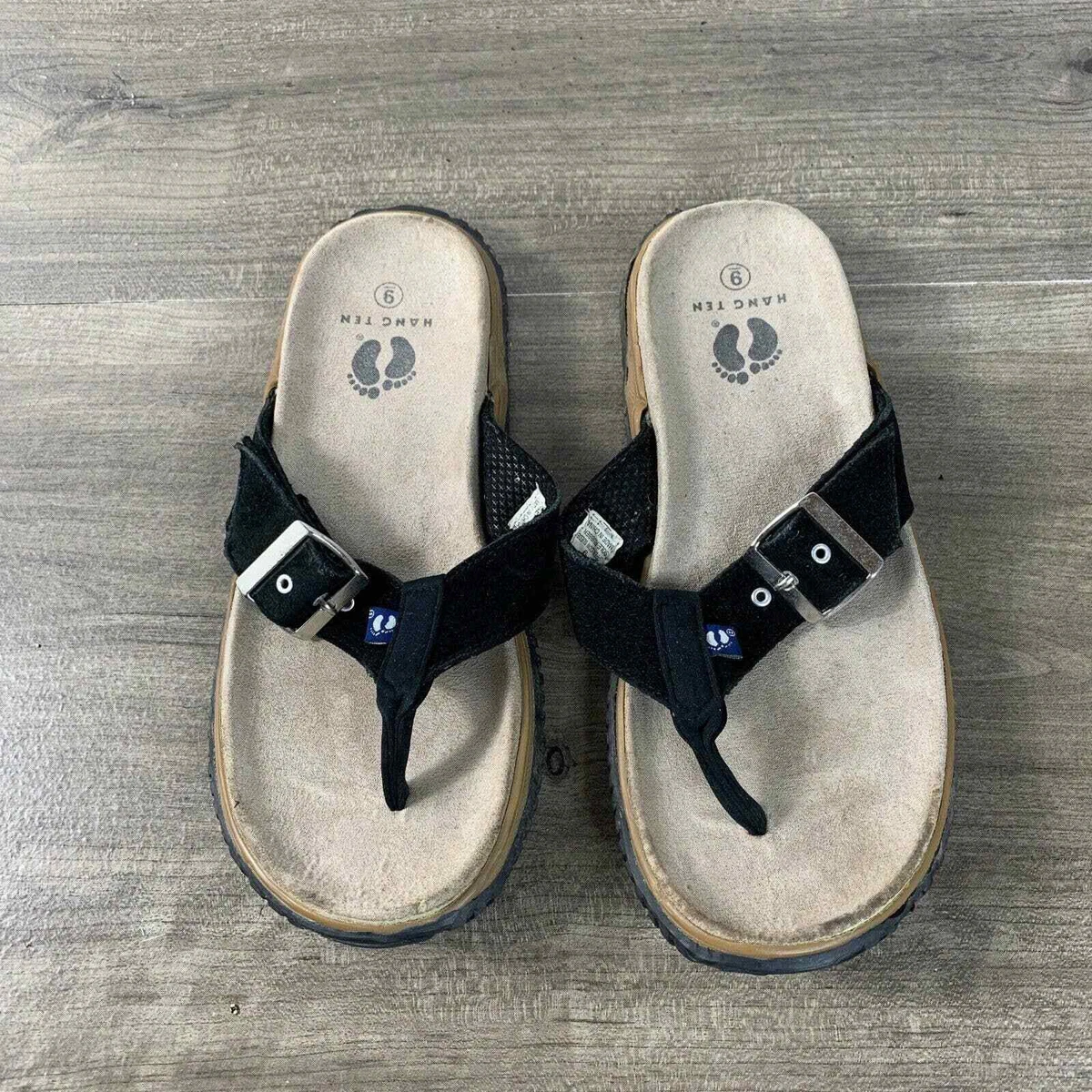 Vintage Hang Ten Mens Thong Sandals Size 9 Black Rubber Slippers Flip Flop