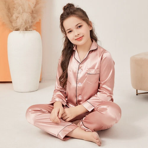 New Kids Boys Girls Silk Pajamas Long Sleeve Satin PJs Sets Nightwear Sleepwear - Picture 39 of 83