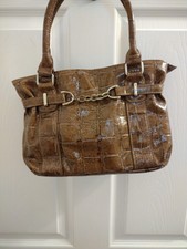 Sag Harbor Brown Alligator Embossed Faux Patent Leather Hand Bag Large Purse