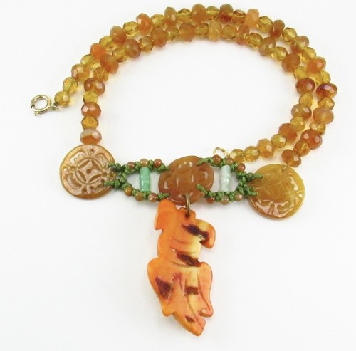 Antique Chinese Pierced Carnelian Disc Peking Glass Goldfish Jade Bead Necklace - Picture 3 of 12