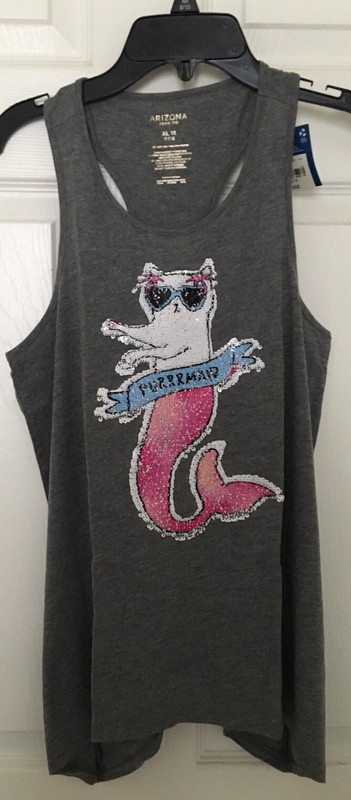 Girls XL 16 Tank Top Gray Cat Mermaid NEW