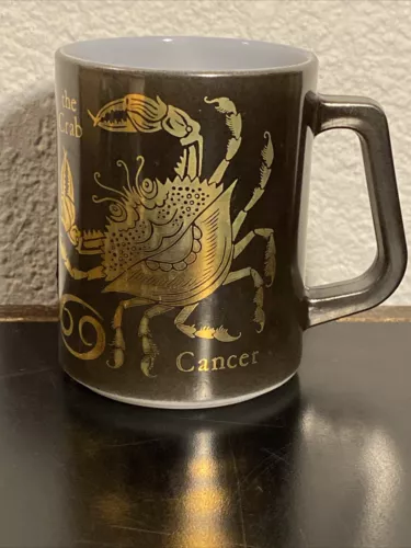 Vintage Federal Glass Cancer Zodiac Mug Black and Gold Over Milk Glass