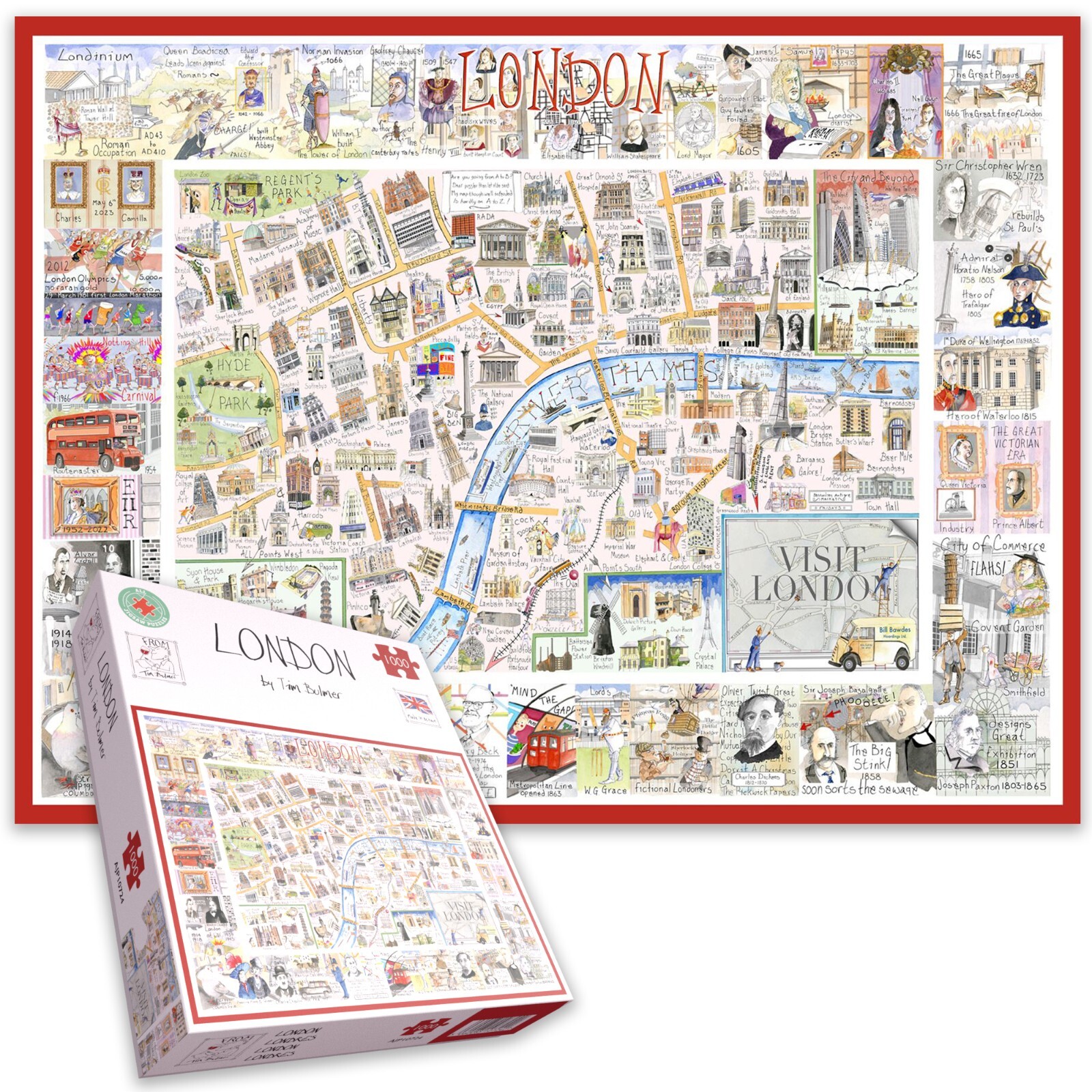 1000 Piece Jigsaw Puzzle Comical Map of London Landmarks - By Tim Bulmer 66x50cm