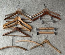 Vintage Lot 12 WOODEN Clothes HANGERS suits coats pants metal hooks advertising