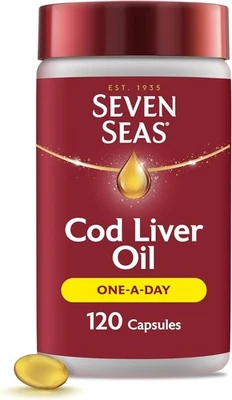 100% PURE Seven Seas Cod Liver Oil One-A-Day Omega-3 Fish Oil and Vitamin D, 120 Capsules