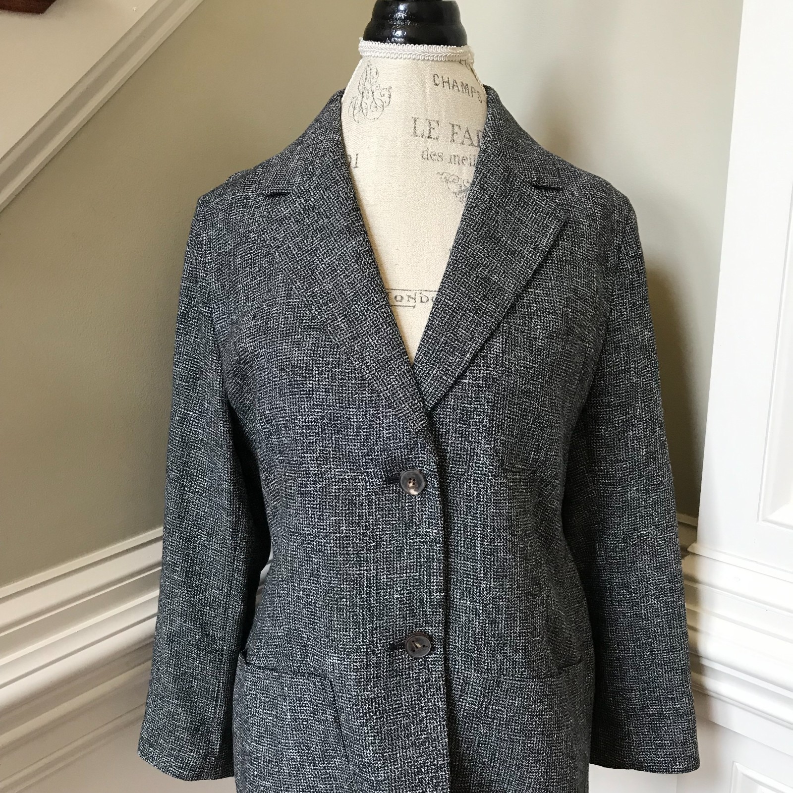 NWOT Lafayette 148 NY Linen Blazer Jacket Womens 10 Black White Two Button NEW image 3