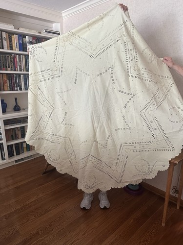 Antique Ecru Ivory Lace Cutwork Eyelet Linen Tablecloth 60" x 60 Round c1900s