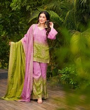 Beautiful Chinnon Silk Pink Top And Palazzo With Dupatta For Engagement Wear