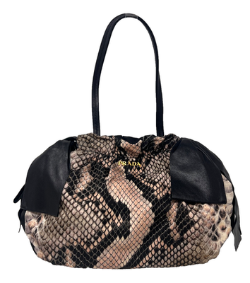 Prada Snakeskin Print Fabric Bag Black Leather Bow Satchel Gold