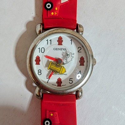 Geneva Firetruck Hydrant Red Kids Quartz Watch Japan 3D Band 