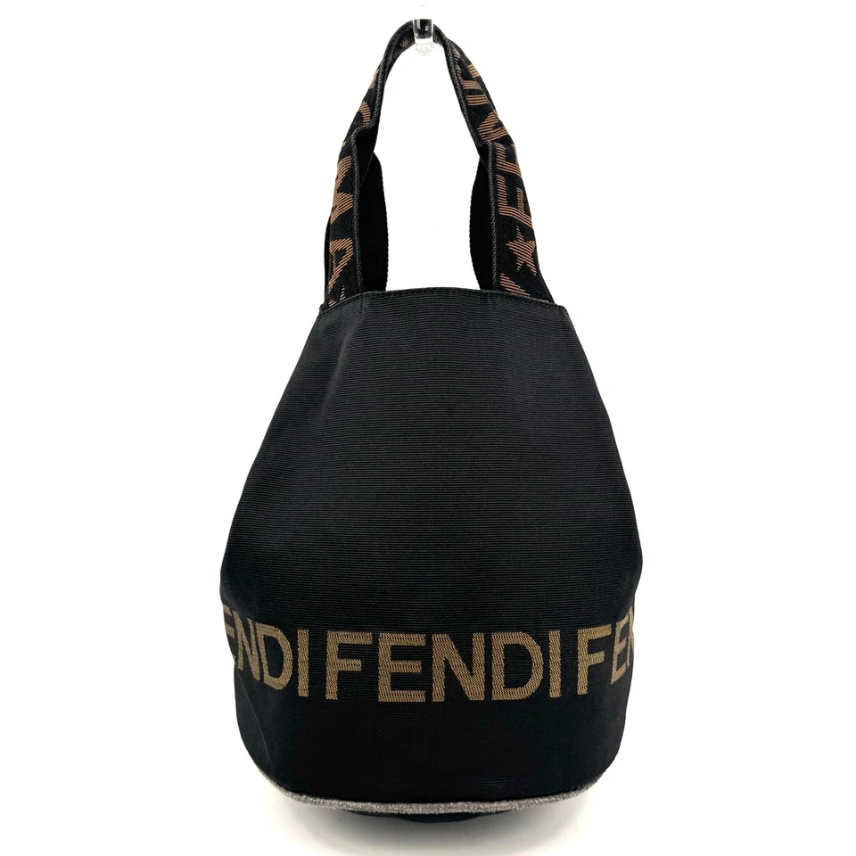 FENDI Logo Strap Nylon Bucket Tote Shoulder Bag Black Brown Vintage - Image 3 of 4