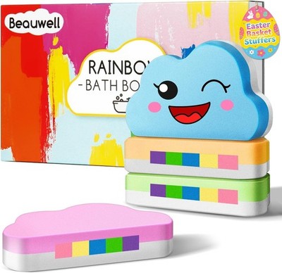 Rainbow Bath Bombs for Kids, Handmade 4 Pcs Kid Bath Bombs Gift Set, Easter Bask