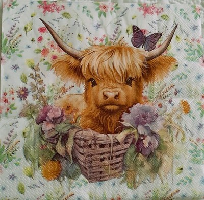 2 individual Paper Decoupage NAPKINS -HIGHLAND COW PETUNIA FLOWERS