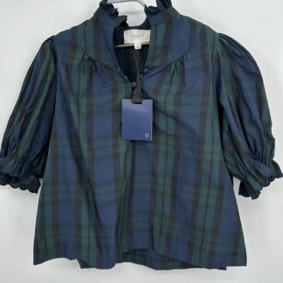Pomander Place by Tuckernuck Blackwatch Plaid Selena Blouse sz M Puff Sleeve