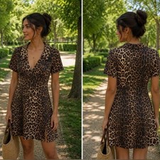 (B4) Boohoo vintage, Y2K,Leopard Print V-Neck Midi Dress in Brown and Tan,Sz 6