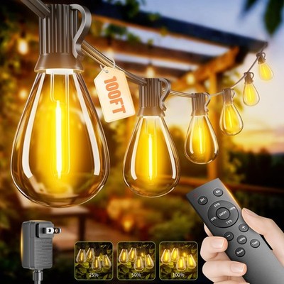 100FT LED Outdoor String Lights with Remote, 100FT, Warm White-2700K