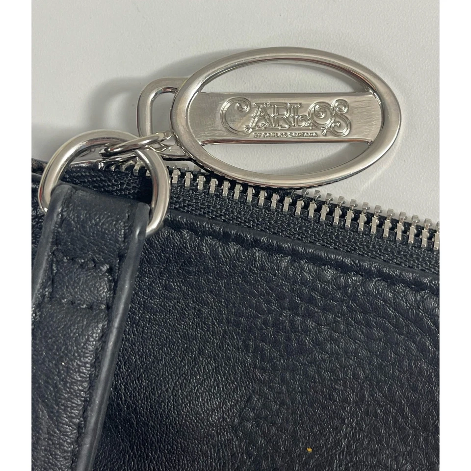 Muñequera sin asas retro Carlos Santana de cuero suave negro y borde de cadena plateada  Foto 4 de 4