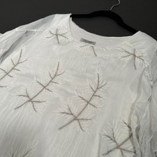 Elena Baldi Italy White Silk Blend Top L Ruffle Sleeve Sheer Embroidered