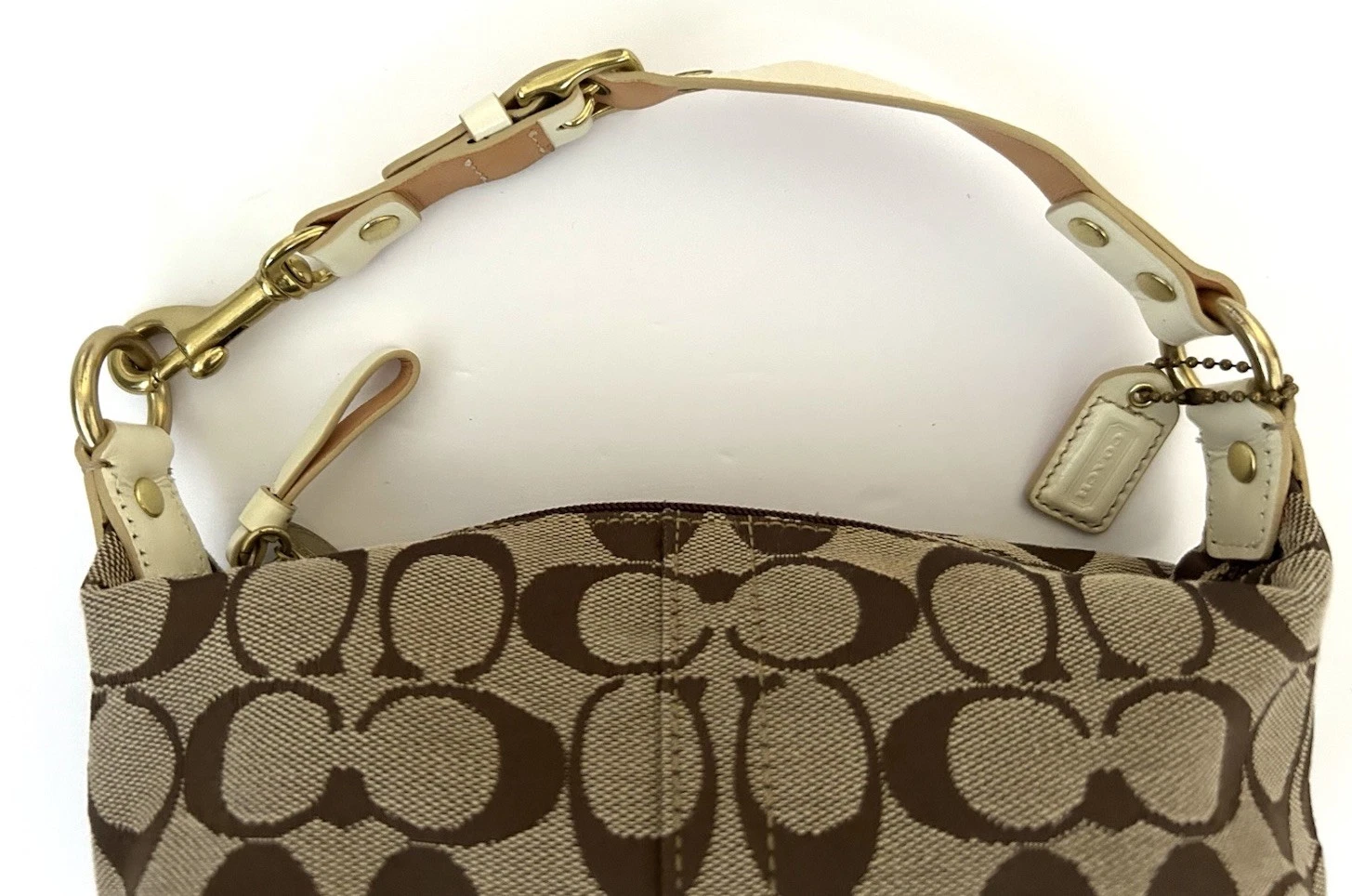 Mini borsa vintage Y2K Coach firmata tela avorio bordo pelle Sufflette 40024