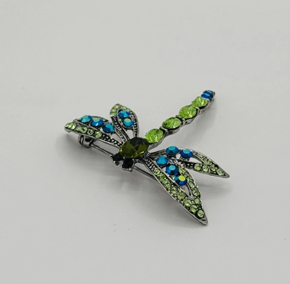 Broche de diamantes de imitación libélula - verde y azul brillante, prendedor de 2" Foto 3 de 4