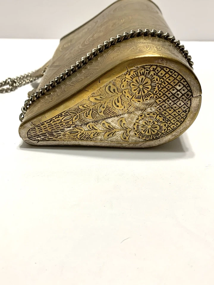 Vintage Brass Art Deco Clutch Purse W/ 15" Chain Double Peacock Clasp~6 3/4" - Image 4 of 4